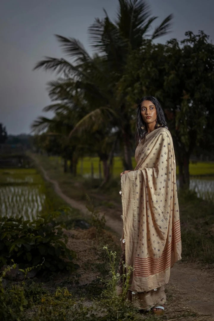 Ilamra kalamkari craft hand block printed organic cotton Beige base with indigo and red motifs saree