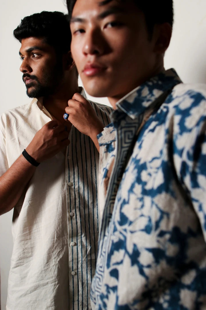 ilamra men's hand block printed naturally dyed organic cotton indigo and white shirt