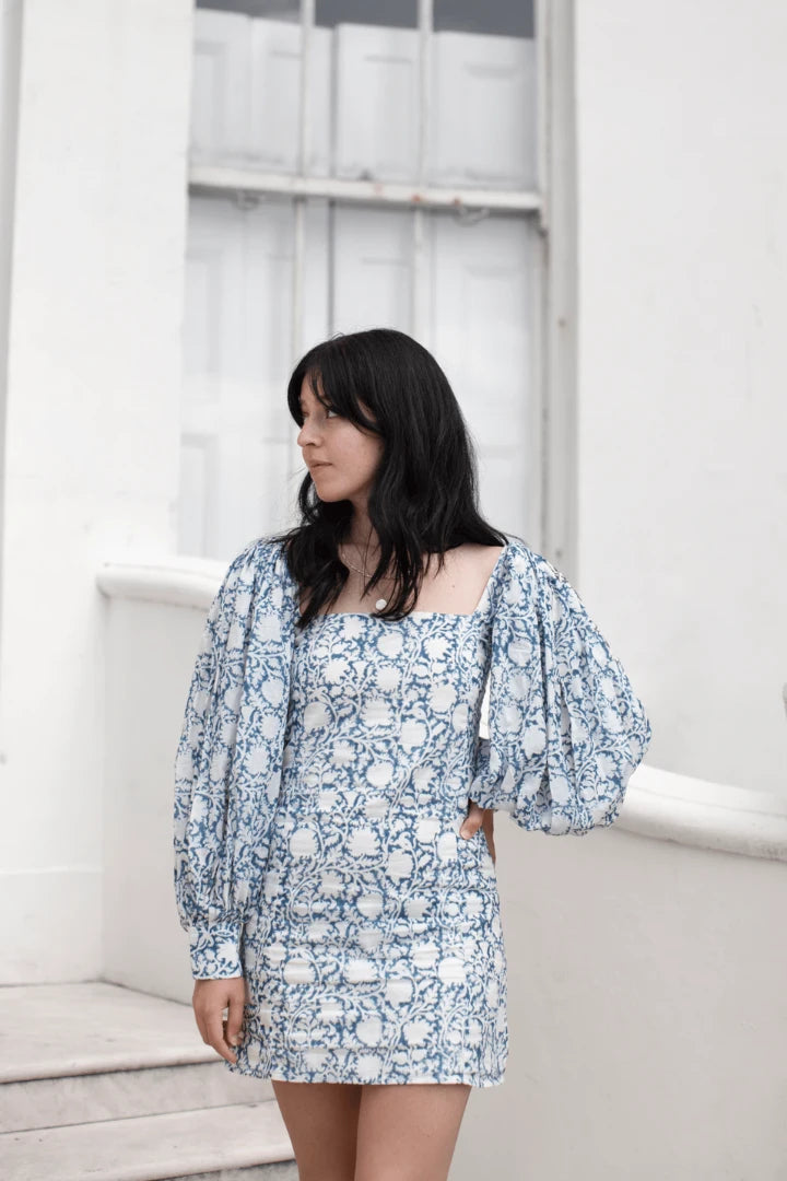 Ilamra sustainable clothing organic cotton Indigo and Off-white hand block printed sexy mini bodycon dress