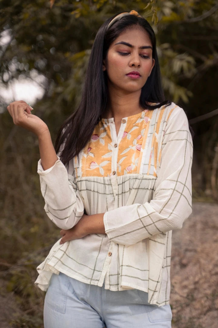 Ilamra kalamkari craft hand block printed organic cotton Off-white, mustard yellow and dark green breezy top