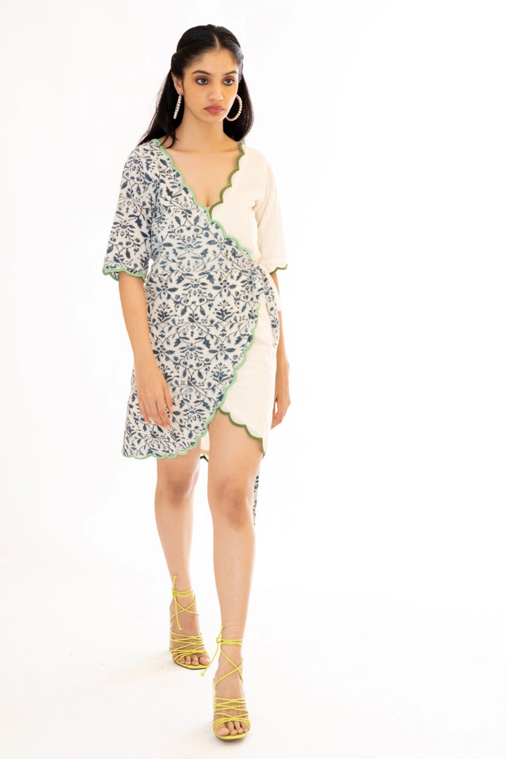 Ilamra hand block printed sustainably made naturally dyed Indigo and off-white wrap dress