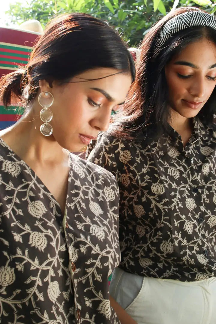 Ilamra kalamkari craft hand block printed organic cotton black and beige vest