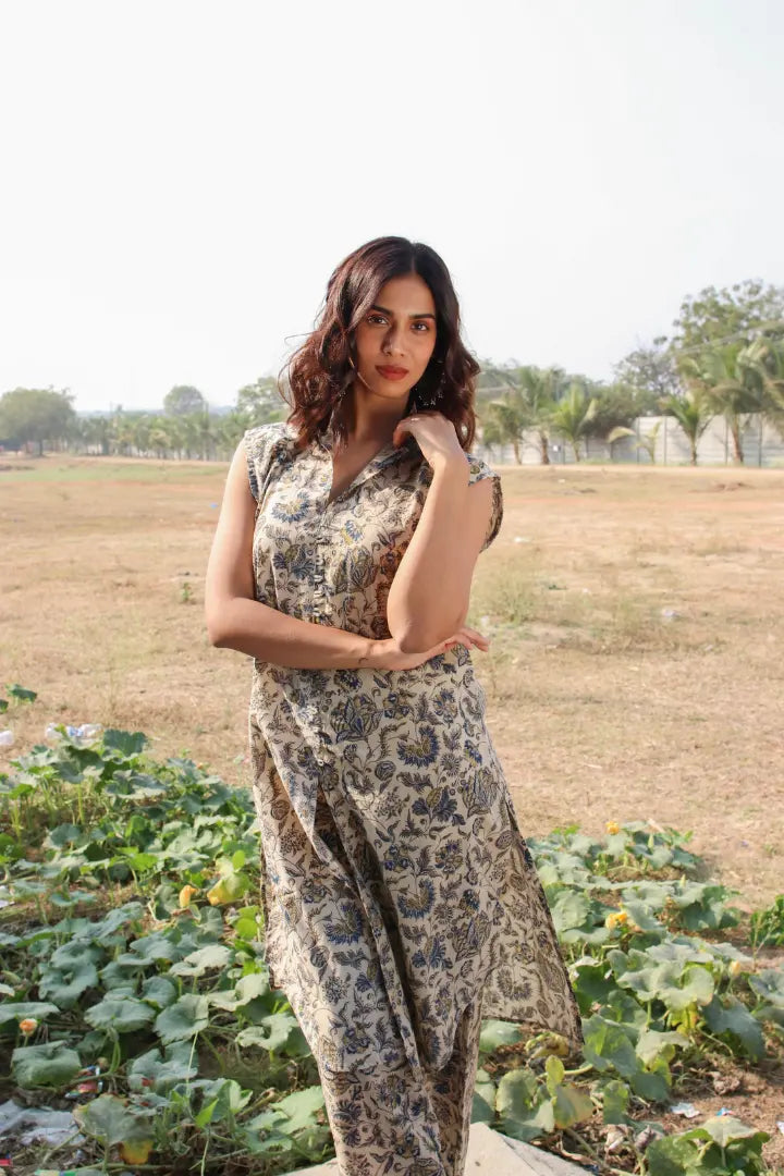 Ilamra kalamkari craft hand block printed organic cotton indigo, yellow and brown pants