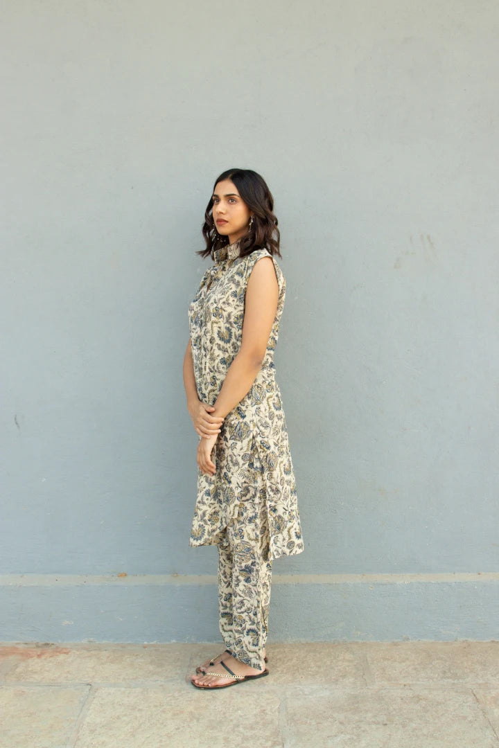 Ilamra kalamkari craft hand block printed organic cotton indigo, yellow and brown pants