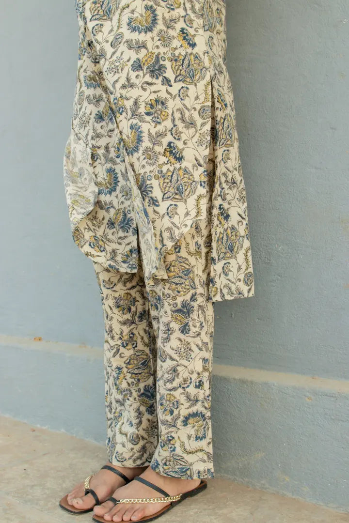 Ilamra kalamkari craft hand block printed organic cotton indigo, yellow and brown pants