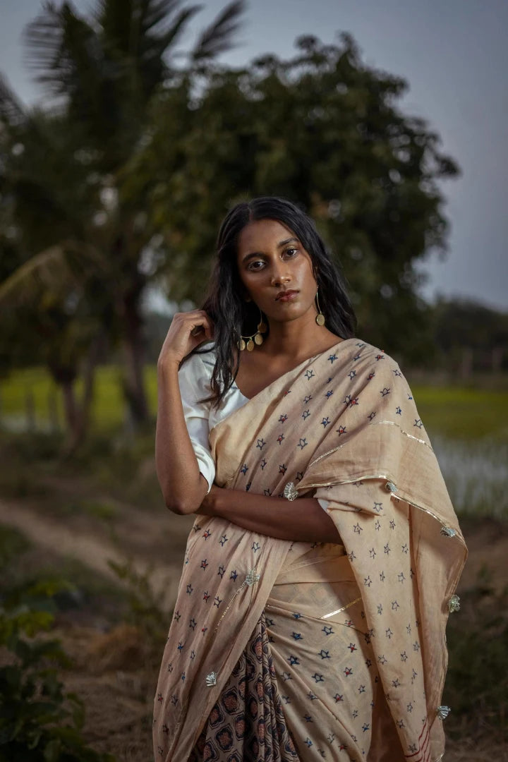 Ilamra kalamkari craft hand block printed organic cotton Beige base with indigo and red motifs saree