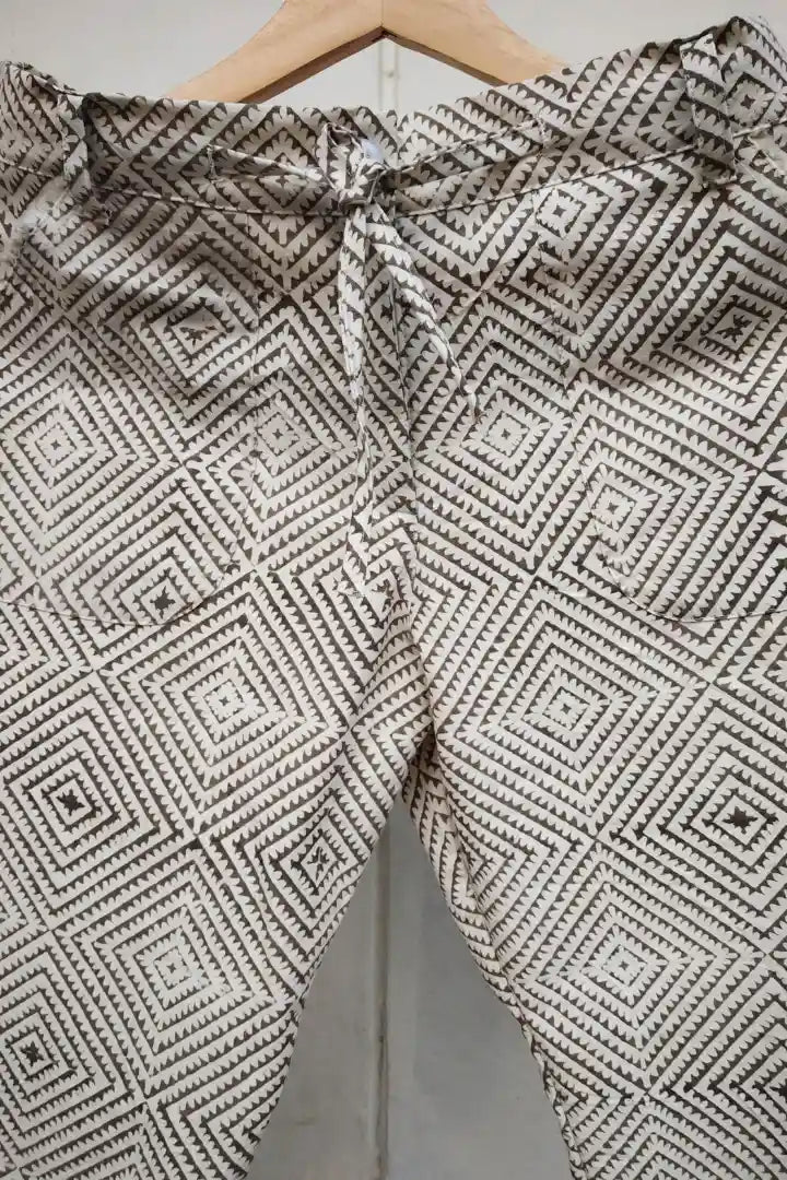 Ilamra hand block printed organic cotton naturally dyed Off-white and grey cool and quirky pants