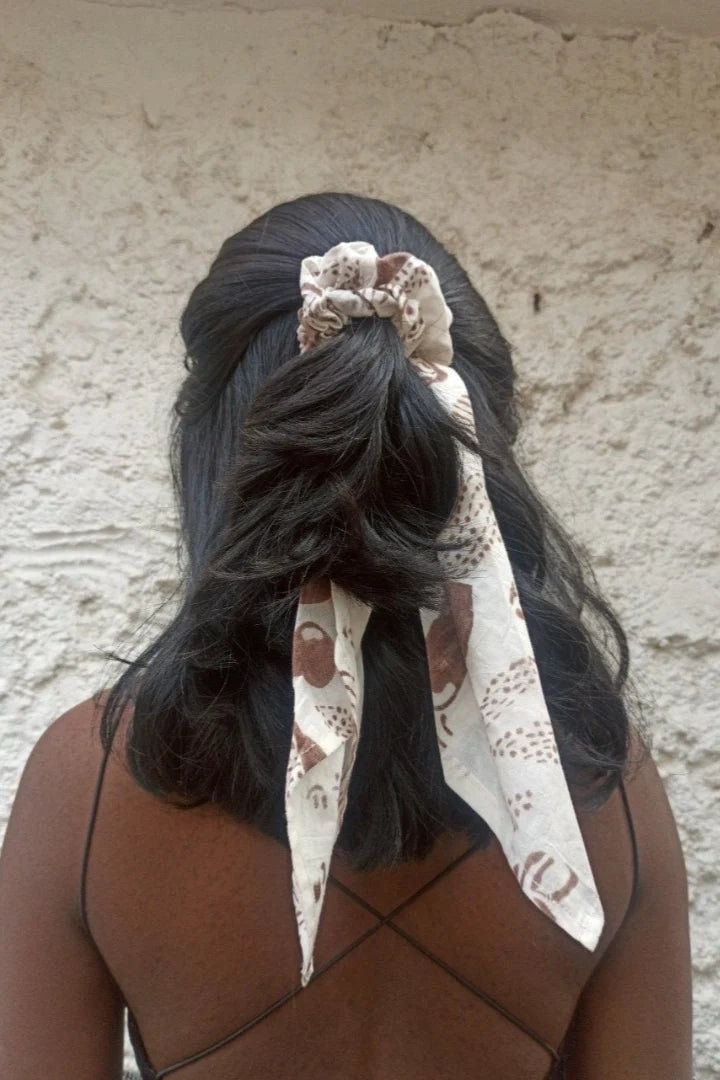 Ilamra hand block printed organic cotton naturally dyed Off white and brown Upcycled Cotton scrunchie