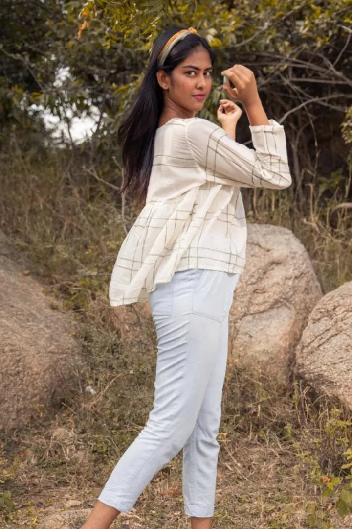 Ilamra kalamkari craft hand block printed organic cotton Off-white, mustard yellow and dark green breezy top