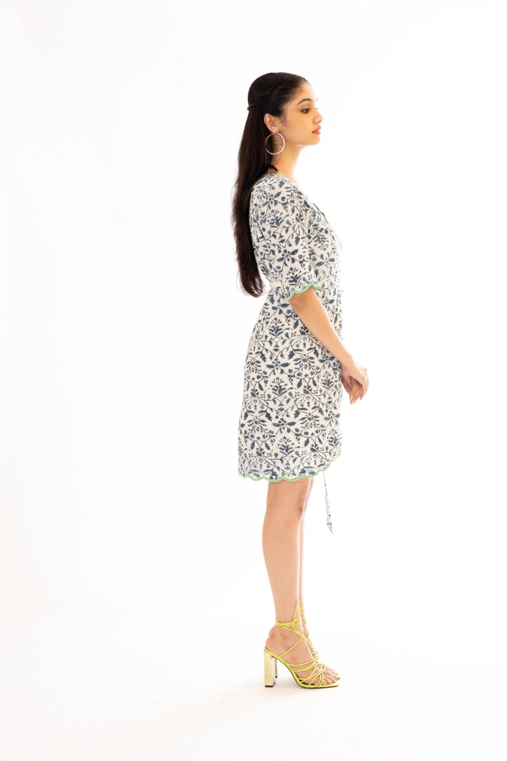 Ilamra hand block printed sustainably made naturally dyed Indigo and off-white wrap dress
