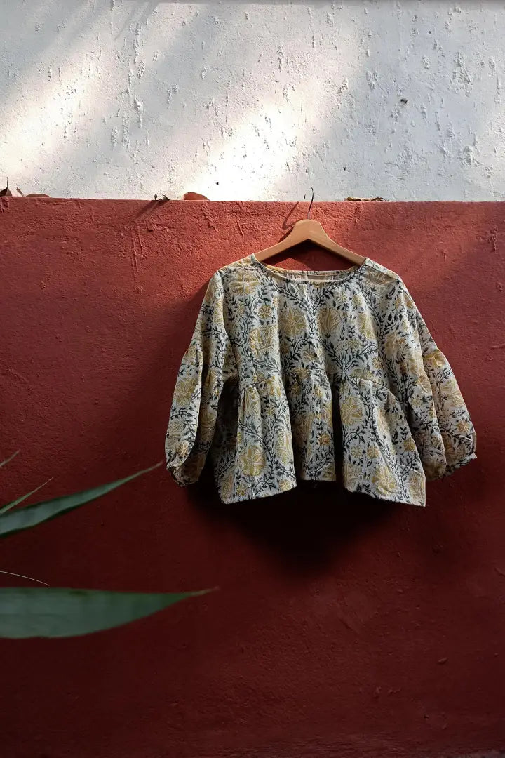 Ilamra sustainable clothing organic cotton Canary Yellow, Black and Off-white hand block printed tent top