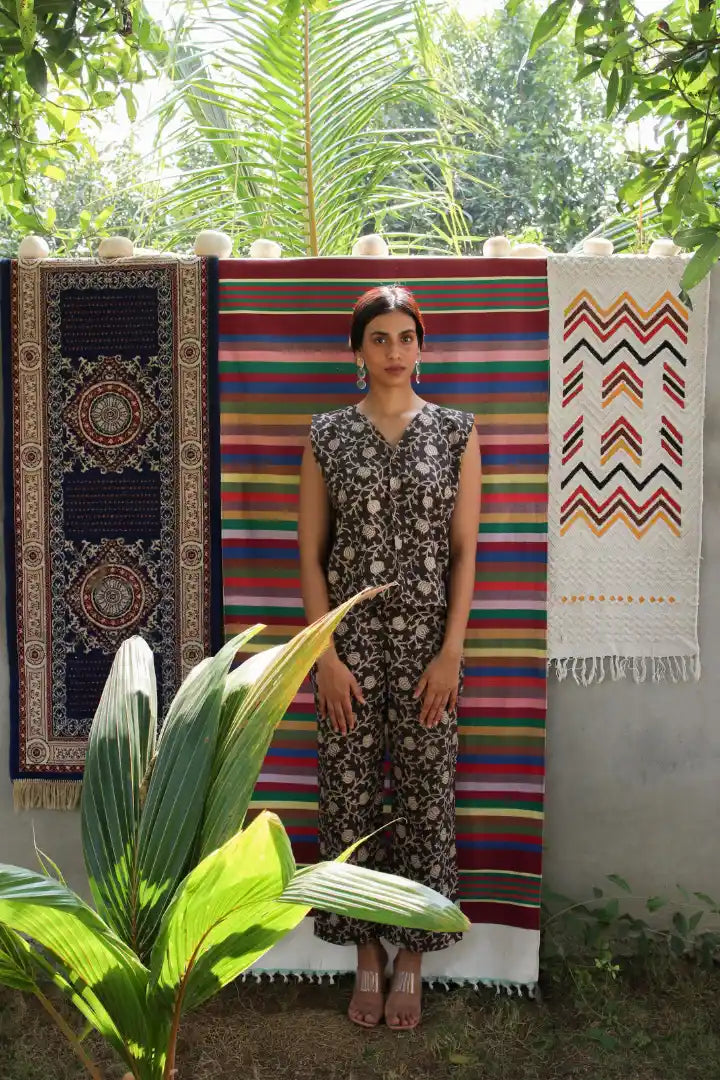 Ilamra kalamkari craft hand block printed organic cotton black and beige pants