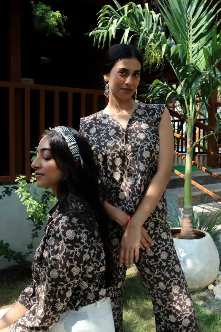 Ilamra kalamkari craft hand block printed organic cotton black and beige pants