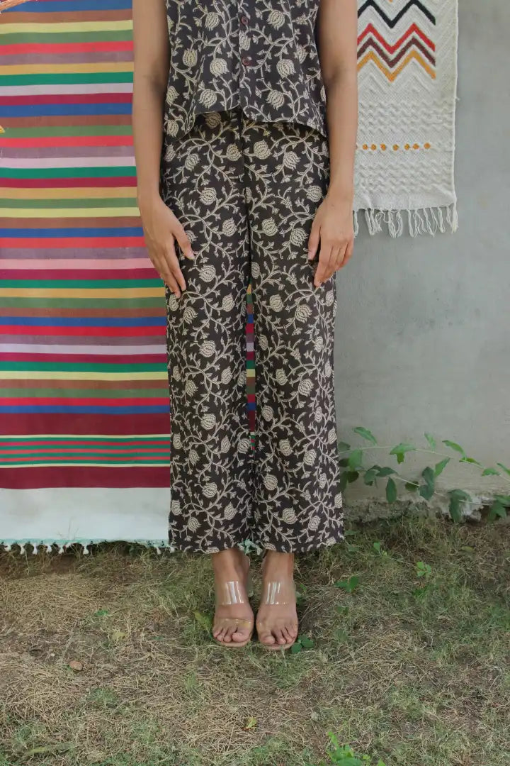 Ilamra kalamkari craft hand block printed organic cotton black and beige pants
