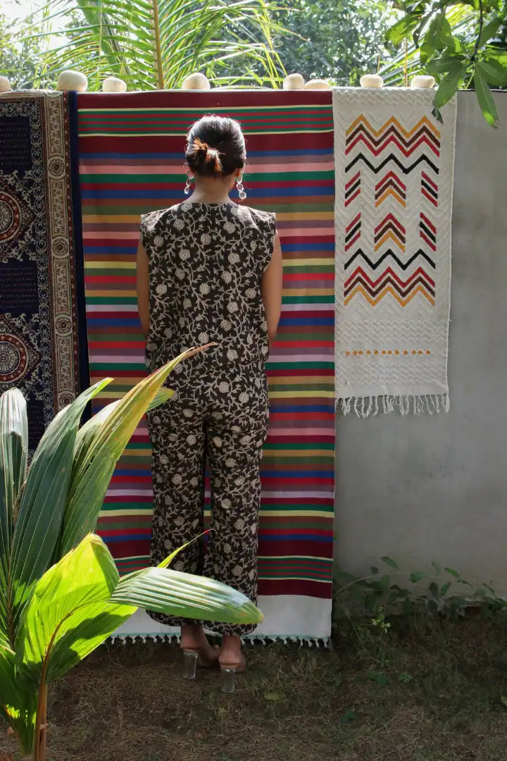 Ilamra kalamkari craft hand block printed organic cotton black and beige pants