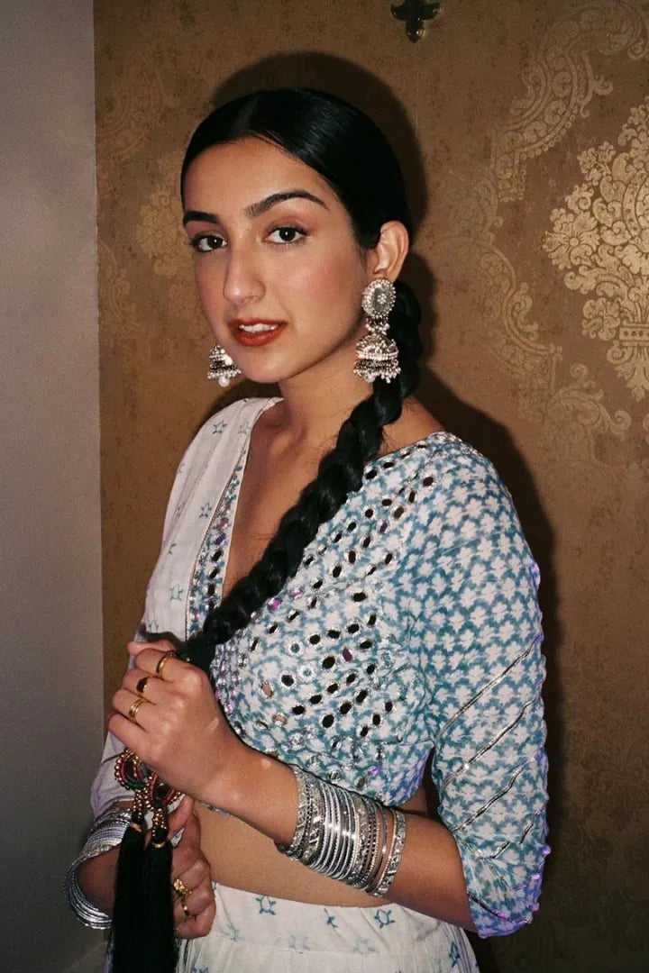 Ilamra sustainable clothing organic cotton off-white and indigo hand block printed blouse, dupatta and lehenga set