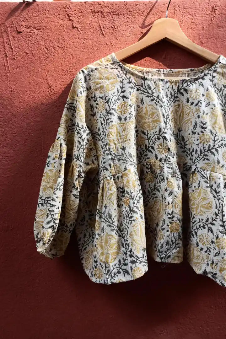 Ilamra sustainable clothing organic cotton Canary Yellow, Black and Off-white hand block printed tent top