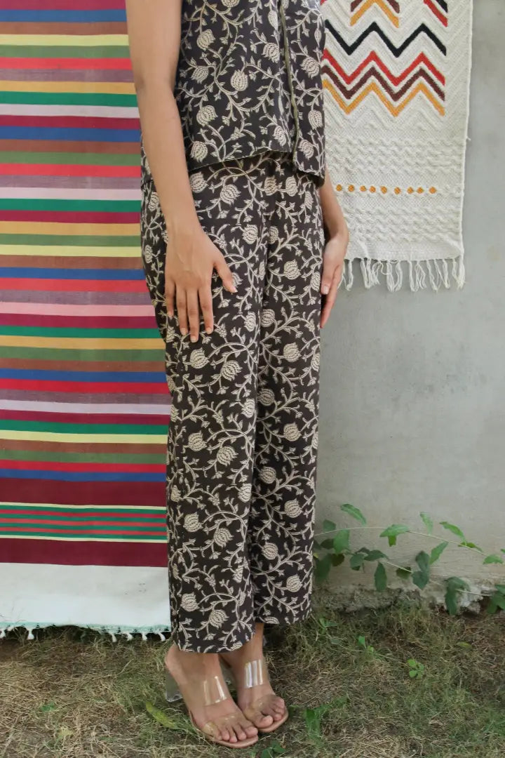 Ilamra kalamkari craft hand block printed organic cotton black and beige pants