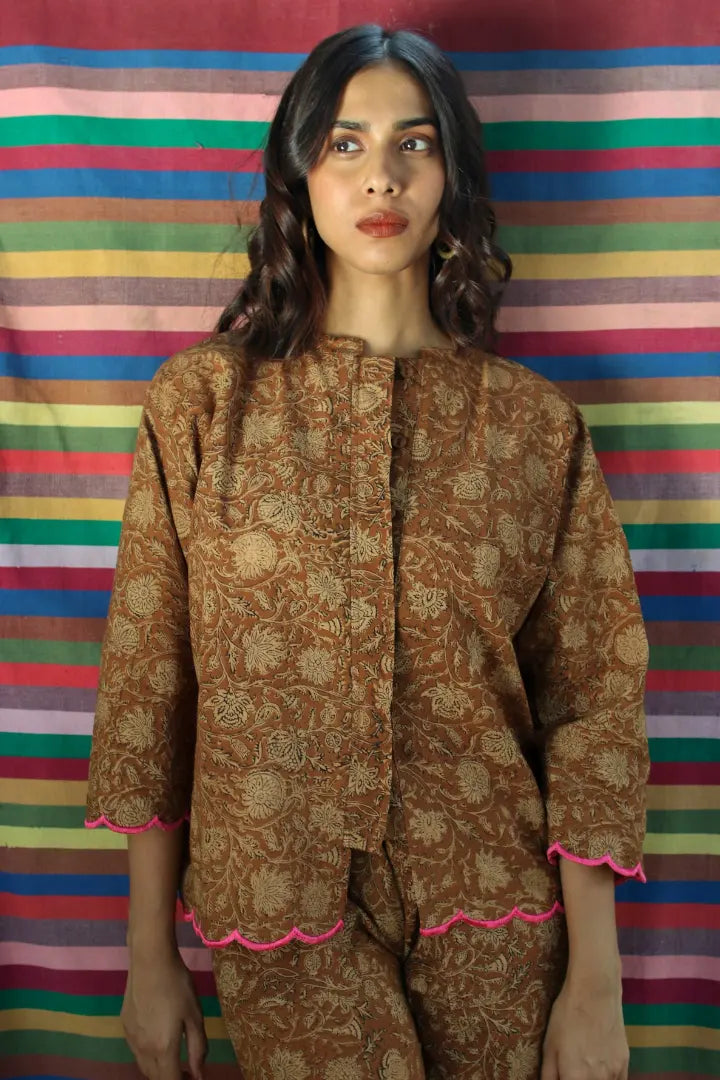 ilamra hand block printed naturally dyed organic cotton brown and beige shirt