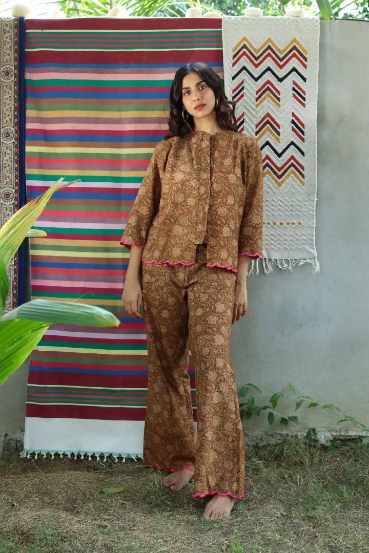 ilamra hand block printed naturally dyed organic cotton brown and beige shirt