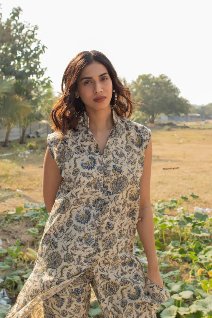 Ilamra kalamkari craft hand block printed organic cotton indigo, yellow and brown kurta