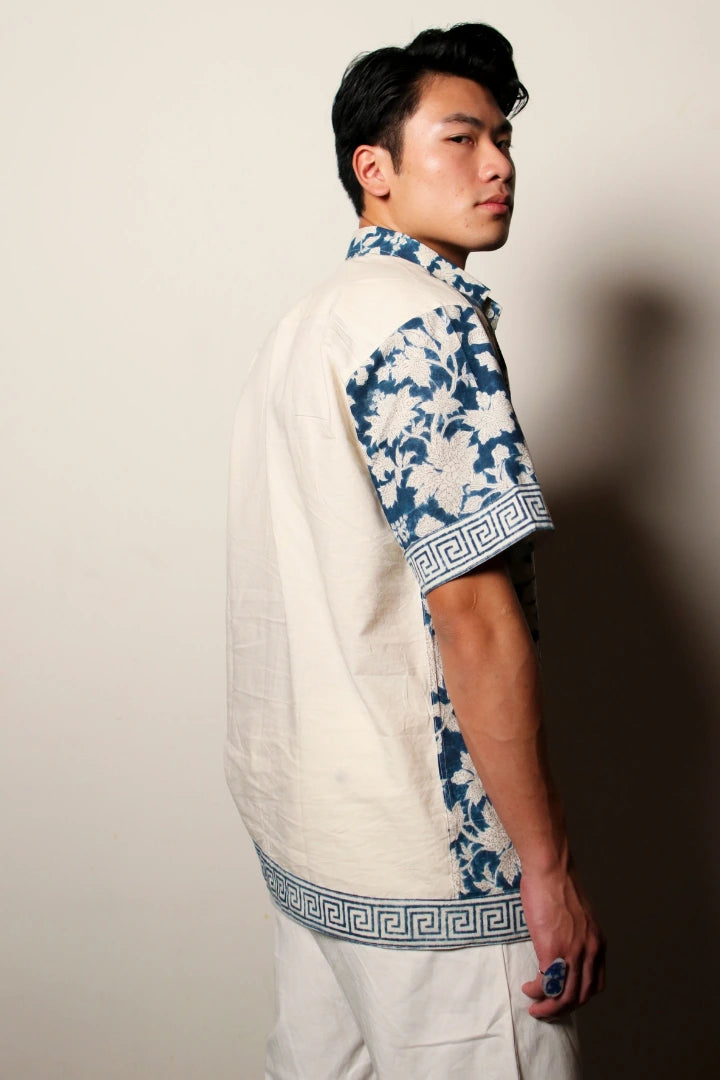 ilamra men's hand block printed naturally dyed organic cotton indigo and white shirt