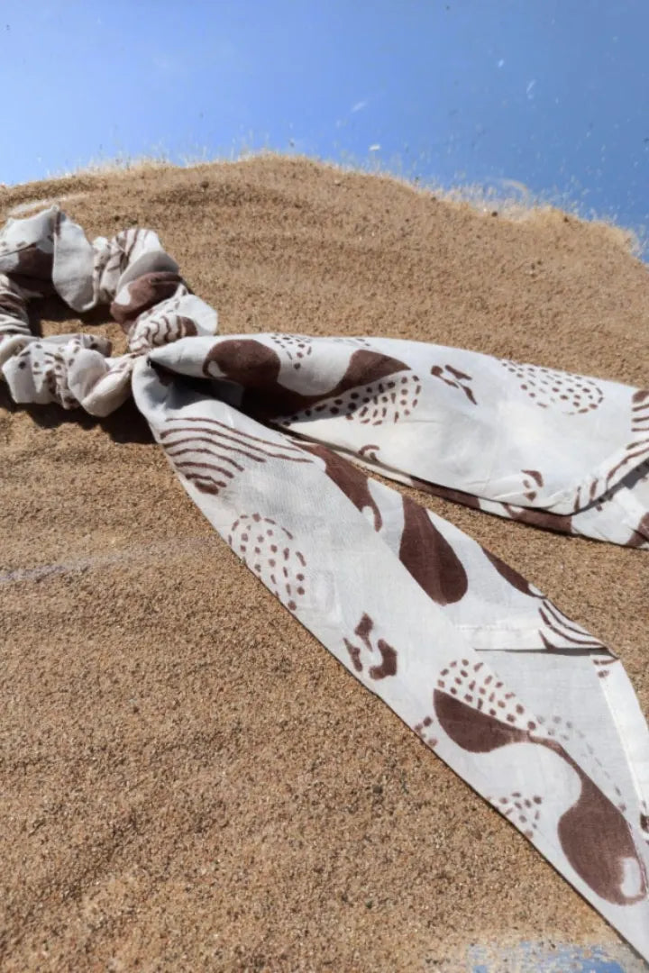 Ilamra hand block printed organic cotton naturally dyed Off white and brown Upcycled Cotton scrunchie