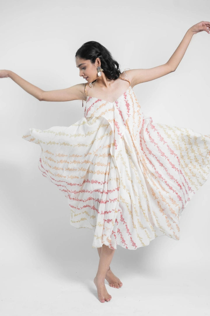 Ilamra sustainable clothing organic cotton off-white, blush pink, light green, and orange hand block printed easy and breezy fluid dress