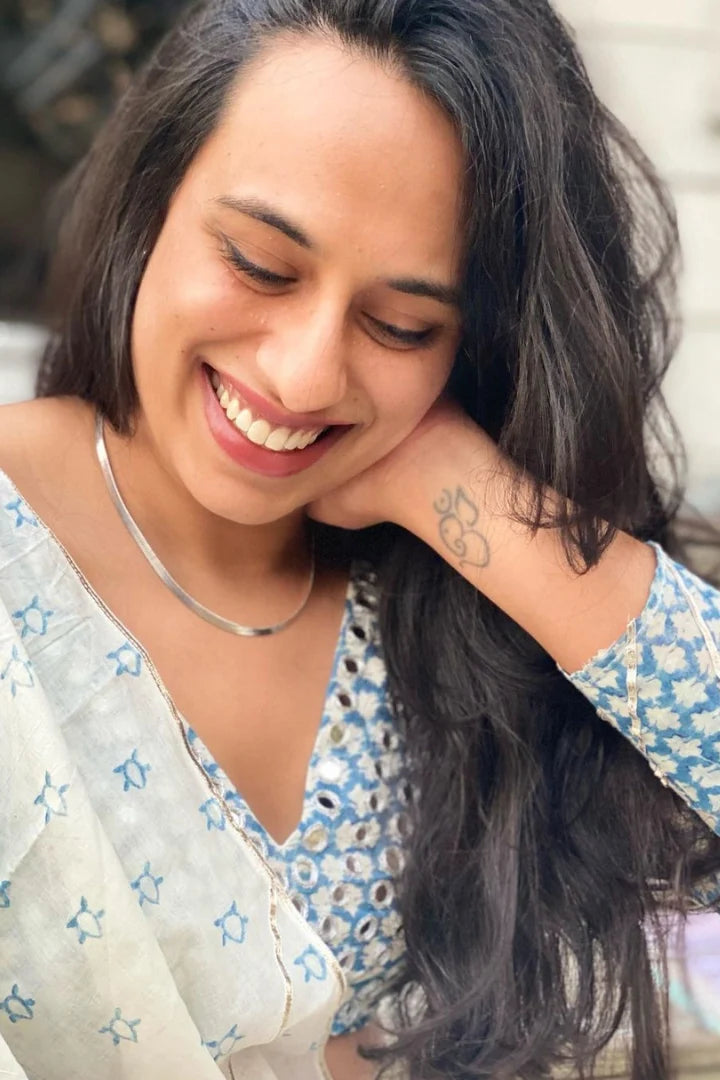 Ilamra sustainable clothing organic cotton off-white and indigo hand block printed blouse, dupatta and lehenga set