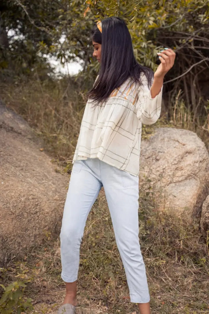 Ilamra kalamkari craft hand block printed organic cotton Off-white, mustard yellow and dark green breezy top