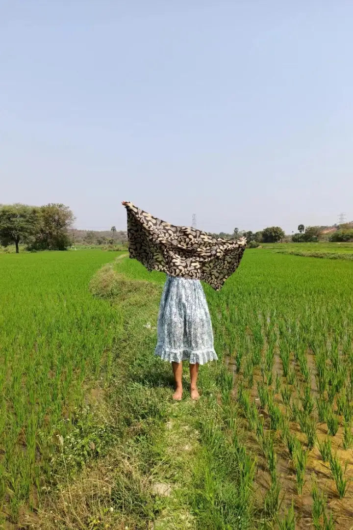 Ilamra hand block printed Kalamkari art organic cotton naturally dyed in Off-white, black and beige, upcycled cotton scarf