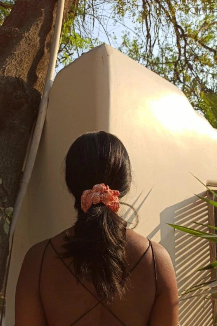 Ilamra sustainable clothing organic cotton Pink and Red hand block printed mini scrunchie