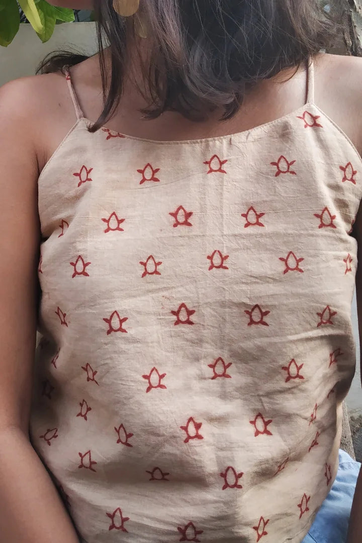 Ilamra hand block printed sustainably made naturally dyed Madder Red and Beige cool crop top