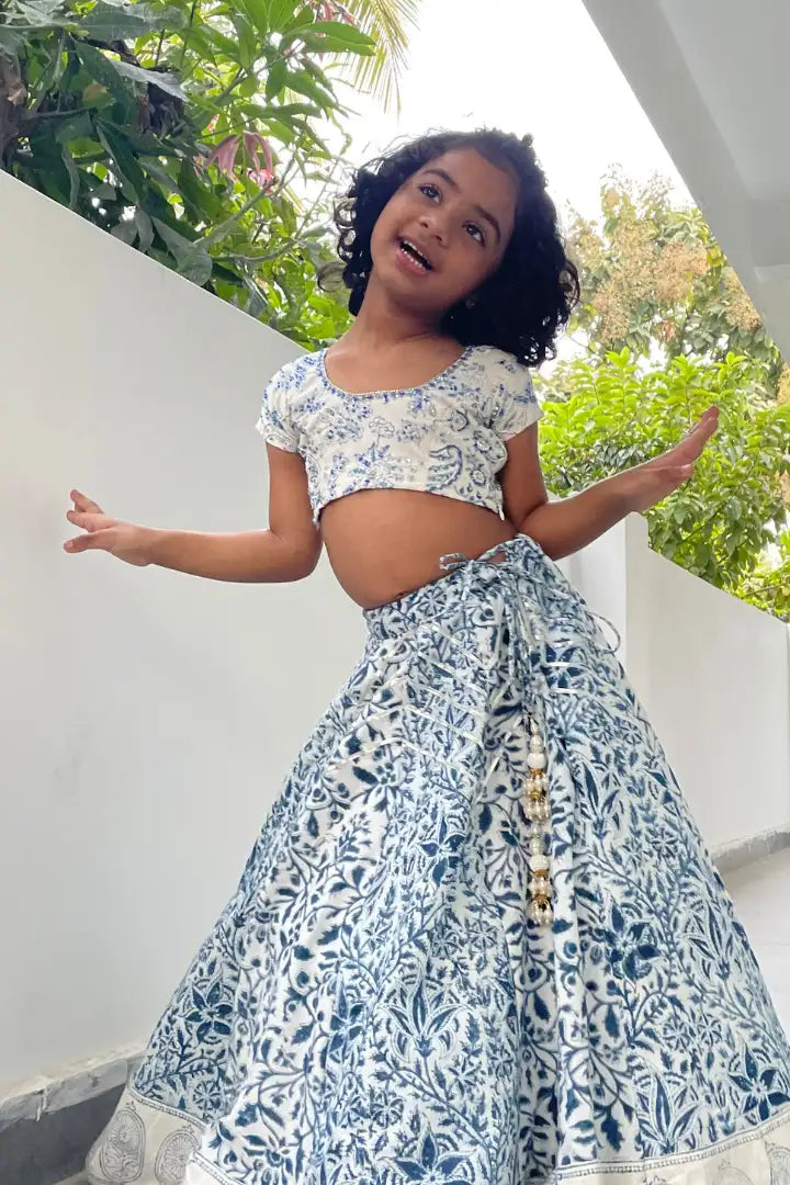 Ilamra kalamkari sustainable clothing organic cotton off-white and indigo hand block printed blouse and lehenga set