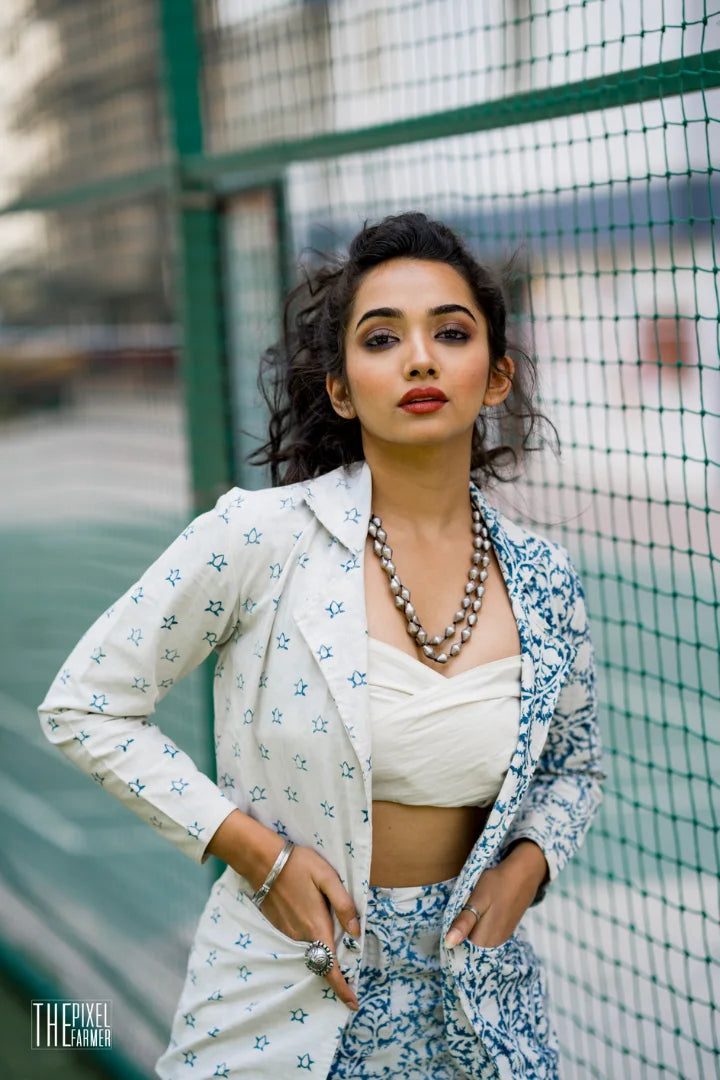Ilamra hand block printed organic cotton naturally dyed indigo and off-white powerful blazer