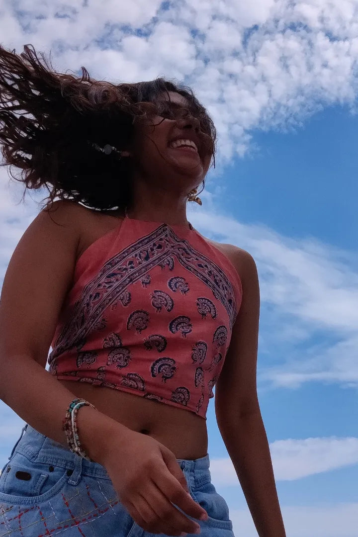 Ilamra sustainable clothing organic cotton Pink and Indigo hand block printed cool halter top