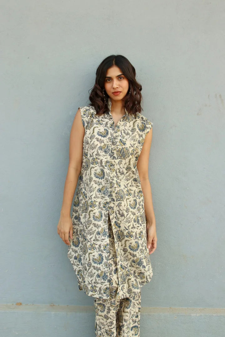 Ilamra kalamkari craft hand block printed organic cotton indigo, yellow and brown kurta