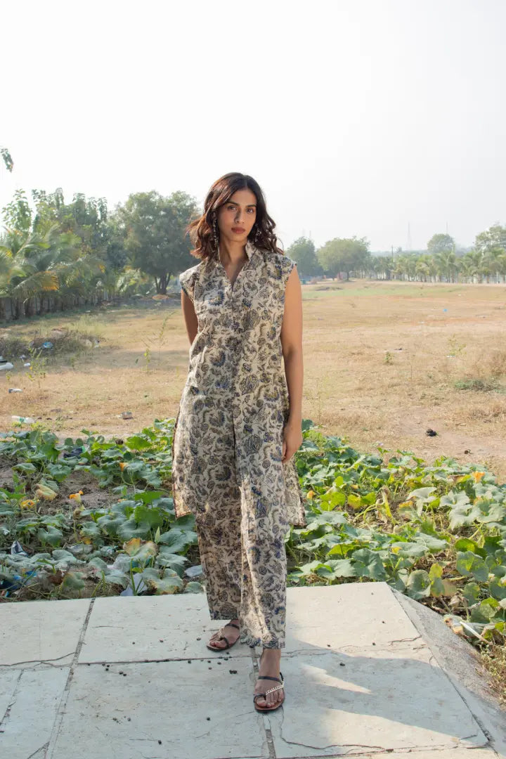 Ilamra kalamkari craft hand block printed organic cotton indigo, yellow and brown kurta