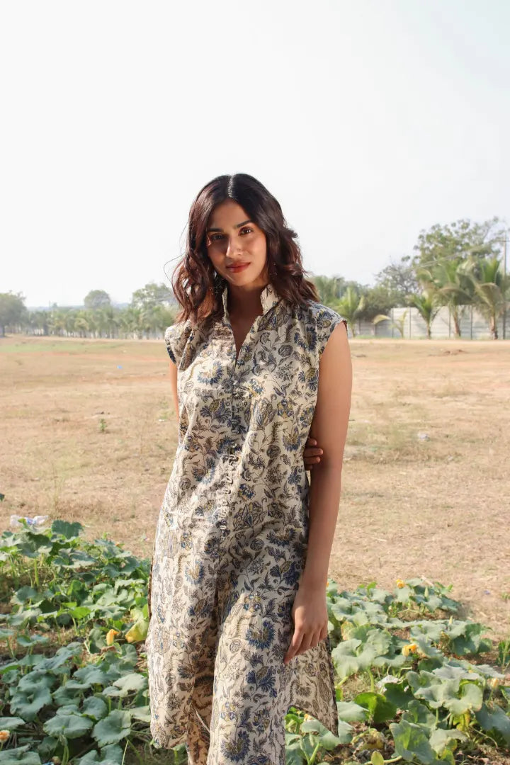 Ilamra kalamkari craft hand block printed organic cotton indigo, yellow and brown kurta