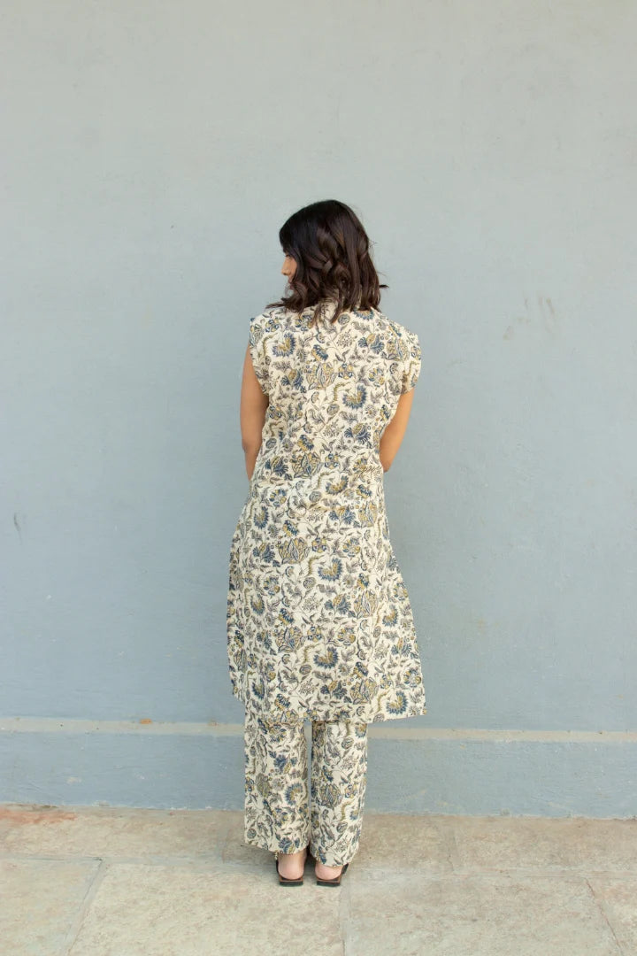 Ilamra kalamkari craft hand block printed organic cotton indigo, yellow and brown kurta