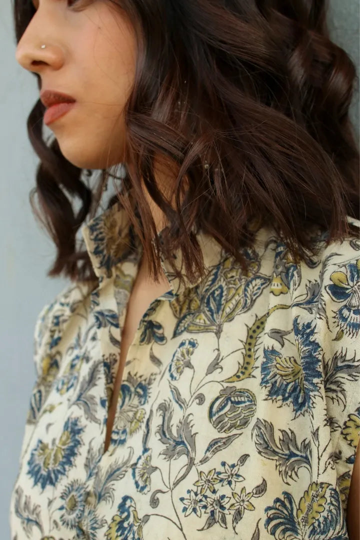 Ilamra kalamkari craft hand block printed organic cotton indigo, yellow and brown kurta