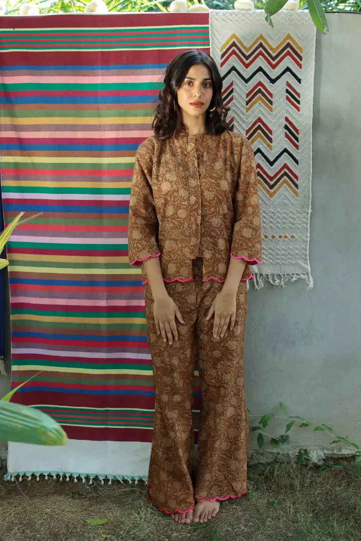 Ilamra kalamkari craft hand block printed organic cotton brown and beige pants