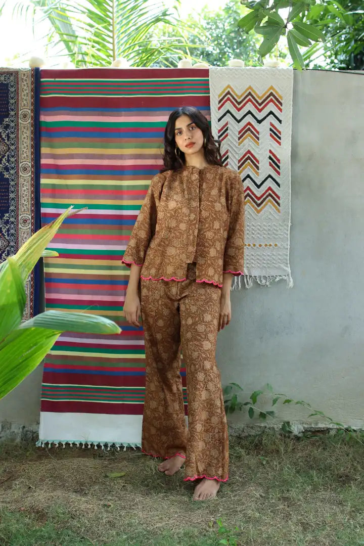 Ilamra kalamkari craft hand block printed organic cotton brown and beige pants