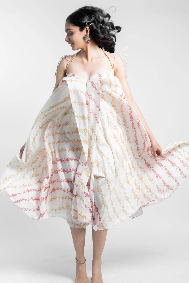 Ilamra sustainable clothing organic cotton off-white, blush pink, light green, and orange hand block printed easy and breezy fluid dress