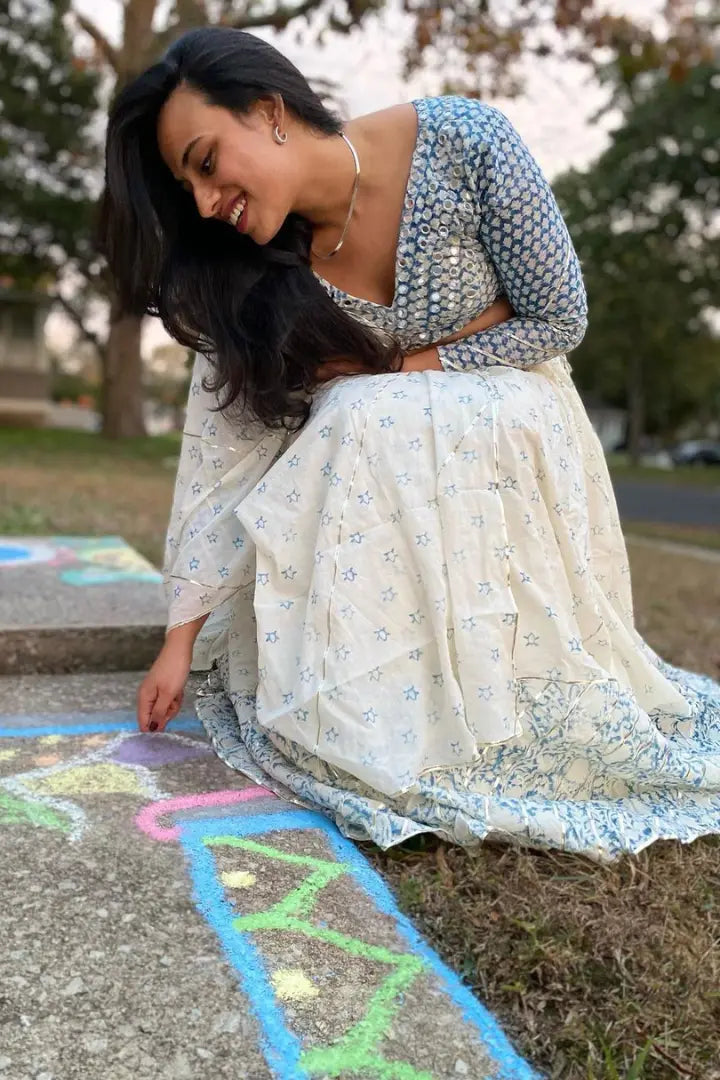 Ilamra sustainable clothing organic cotton off-white and indigo hand block printed blouse, dupatta and lehenga set