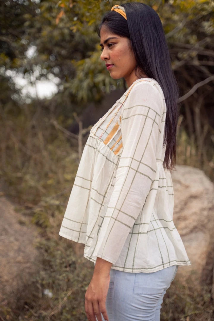 Ilamra kalamkari craft hand block printed organic cotton Off-white, mustard yellow and dark green breezy top
