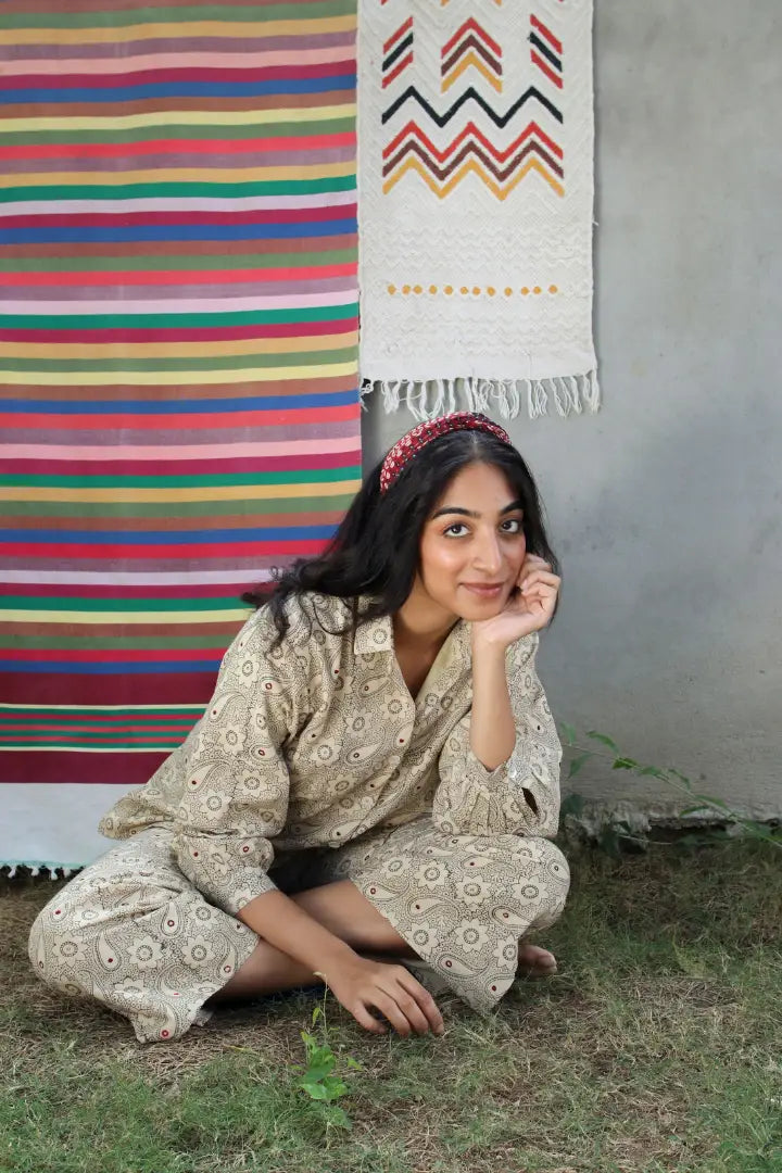 Ilamra hand block printed sustainably made naturally dyed off white and grey shirt