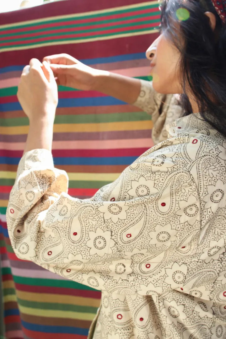Ilamra hand block printed sustainably made naturally dyed off white and grey shirt