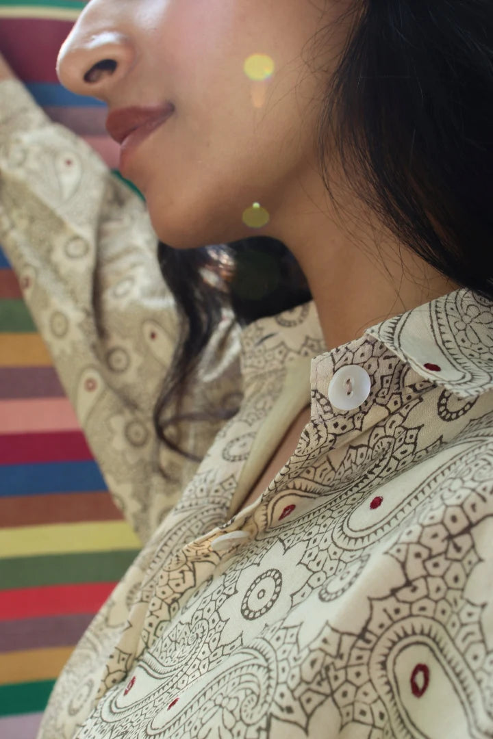 Ilamra hand block printed sustainably made naturally dyed off white and grey shirt