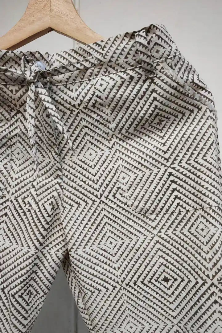 Ilamra hand block printed organic cotton naturally dyed Off-white and grey cool and quirky pants